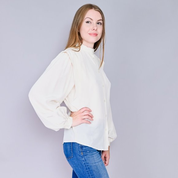 VINTAGE Levante Ivory Silk Button-Front Blouse - Picture 3 of 10